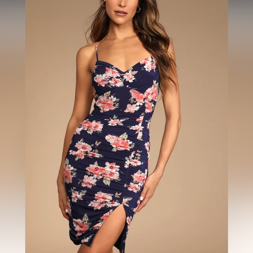 Springtime Bliss Navy Blue Floral Print Mesh Bodycon Mini Dress